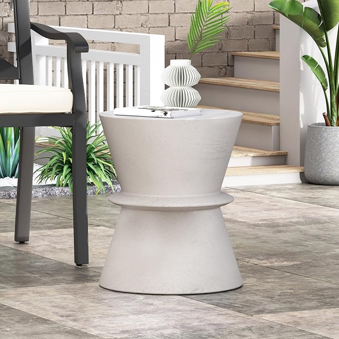 Outdoor Side Table 15.5" Hourglass Shape Lightweight Concrete-Look Outdoor Indoor Accent Table Decorative Garden Stools, for Patio Porch Living Room, White
