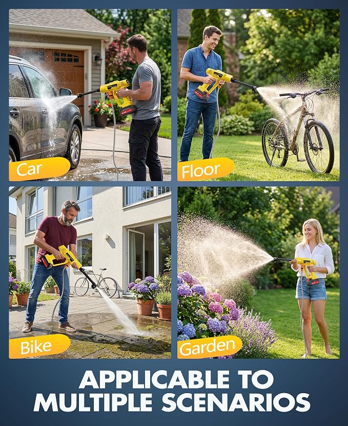 BluSwim Cordless Car Cleaning Tool with LCD Display, Portable Vehicle Cleaner with Brushless Motor, 3 Levels Adjustable Battery Powered Water Sprayer with 16.5FT Hose, 6-in-1 Nozzle for Patio - Yellow
