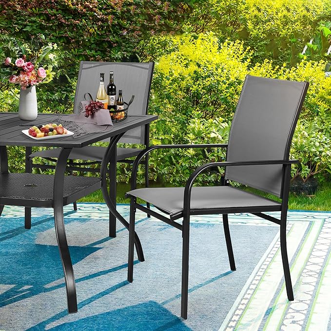 Crownland 5 Piece Patio Dining Set, Outdoor Textilene Dining Sets, 4 Textilene Metal Chairs and Square Outdoor Dining Table with Dark Blue 9FT Round Outdoor Umbrella (Grey)