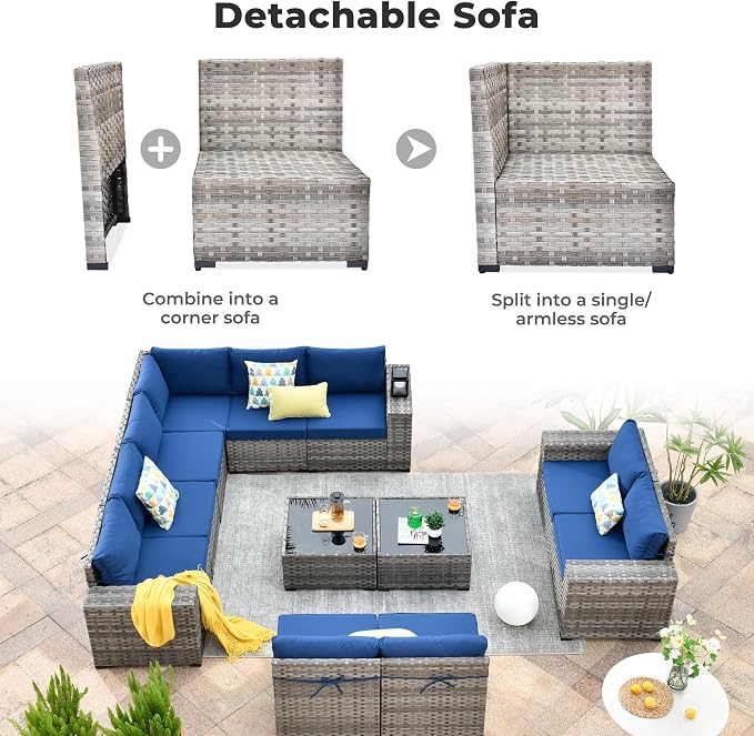 ovios 12 Pieces Patio Furniture Set, Outdoor Wicker Sectional Sofa with Coffee Table Comfy Cushions, Modern Modular Deep Seat Couch Rattan Conversation Set, Navy Blue