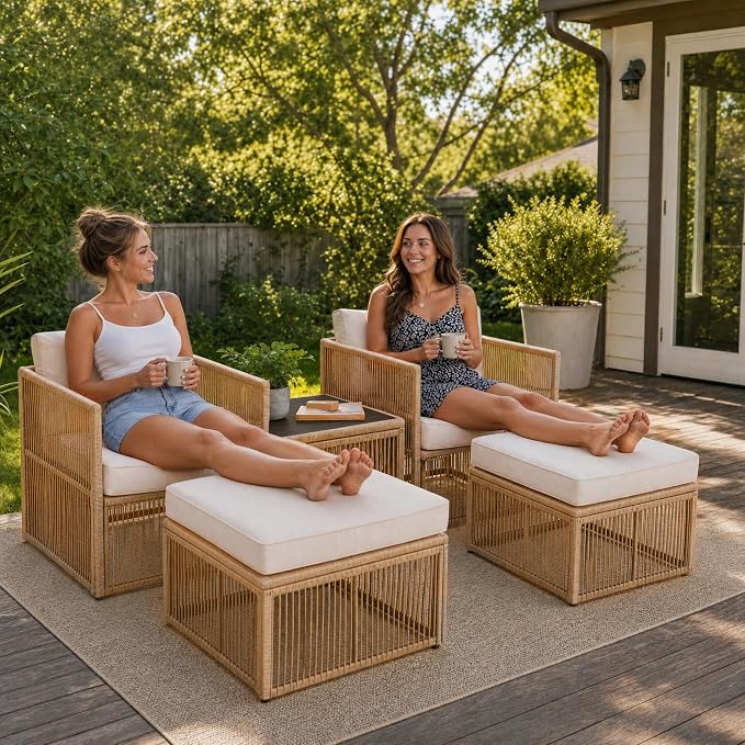 5 Piece Patio Furniture Set, Outdoor Sectional Sofa Set with 2 Ottomans, Coffee Table, Washable Cushions, All Weather Patio Wicker Conversation Set with Arm Chairs for Backyard, Porch, Balcony, Deck