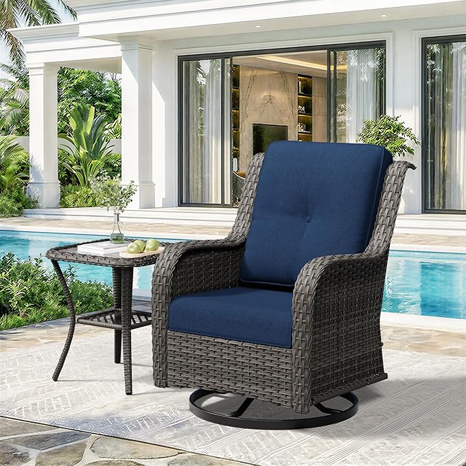 2 Pieces Outdoor Swivel Rocker Patio Chairs Set - Outdoor Wicker Patio Furniture Sets with 1 Side Table, Olefin Fabric Cushions Suitable for Backyard Deck and Porch, Blue