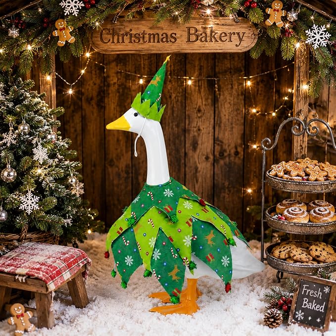 2 Pcs/Set Christmas Tree Porch Goose Outfits, Xmas Geese Clothing Costume Included Hat and Clothes, Green Christmas Goose Statue Costume Accessories for 23" High Porch Statue Holiday Patio Yard Decor