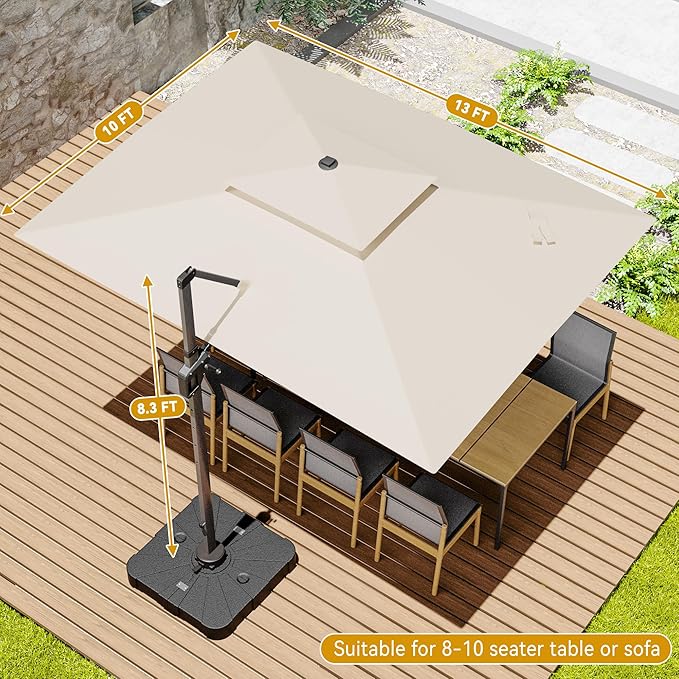 10x13 FT Cantilever Patio Umbrella with Base and Led Lights Double Top Outdoor Rectangular Large Heavy Duty Aluminum Offset Umbrellas with 7 Level Tilt 360-degree Rotation for Pool Garden Deck, Beige