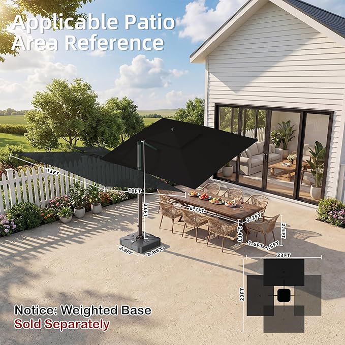 Deconk 10' X 13' Patio Umbrella with LED Lights Outdoor Cantilever Large Rectangle Offset Umbrellas Heavy Duty Aluminum Double Top with 360-degree Rotation for Pool Garden Deck, Black