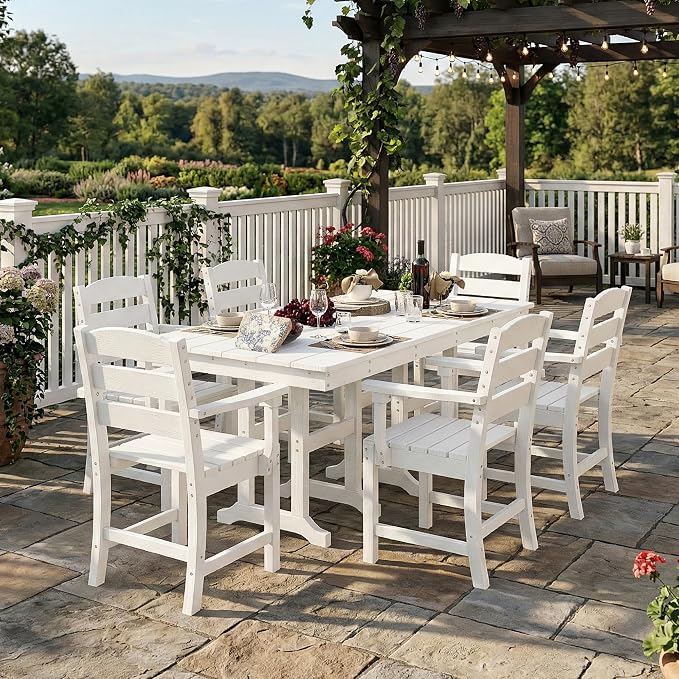 HOPUBUY 5 Pieces Patio Dining Set for 4, 71" HDPE All-Weather Patio Table and Chairs Set with Umbrella Hole, Durable Outdoor Furniture Set for Garden, Backyard, Lawn & Poolside (White)