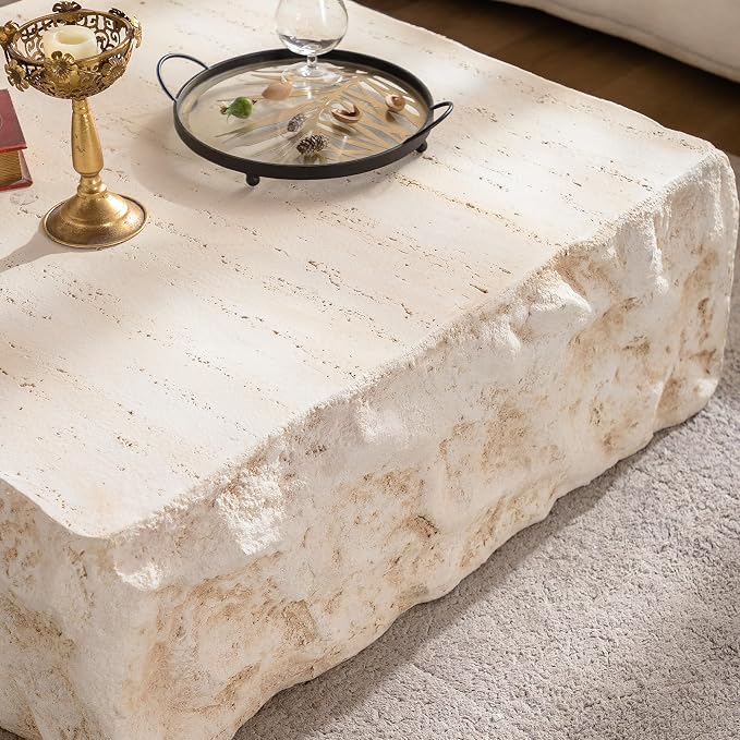 Square Coffee Table for Living Room Outdoor Faux Stone Coffee Table Amber Travertine Concrete Pattern, 35.43" Modern Low Center Tables, No Need Assemble,Beige