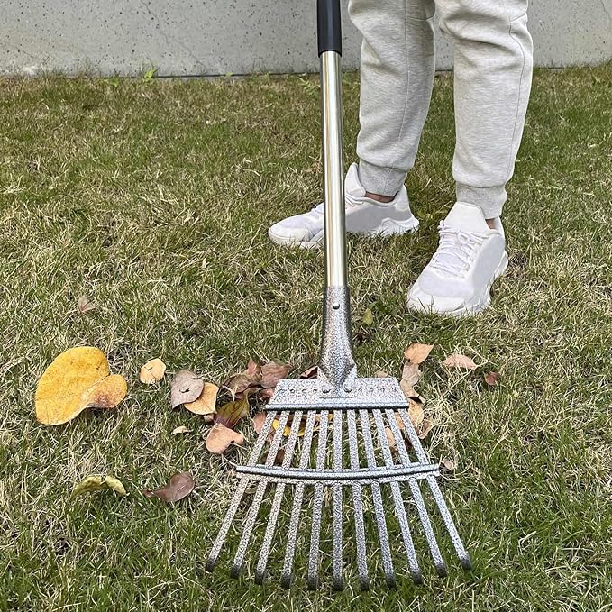 Small Leaf Rake with 11 Metal Tines, 33-68 Inch Rake for Leaves 9'' Wide Adjustable Stainless Steel Handle for Shrub, Flower Bed & Small Area
