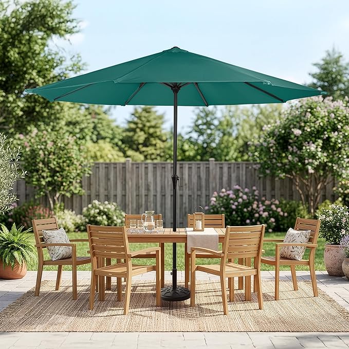 Pure Garden 9FT Round Patio Umbrella with 19lb Weighted Base - Easy Crank, Vented Canopy Outdoor Umbrella for Shade - For Deck, Balcony, Porch, Backyard, or Pool (Dark Green)
