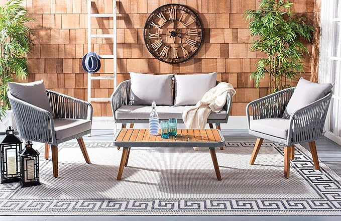 SAFAVIEH PAT7074A Outdoor Ransin Rope 4-Piece Seat Cushions and Pillows Included Patio Set