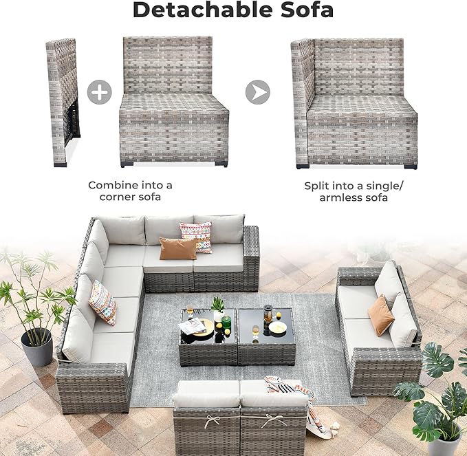 ovios 12 Pieces Patio Furniture Set, Outdoor Wicker Sectional Sofa with Coffee Table Comfy Cushions, Modern Modular Deep Seat Couch Rattan Conversation Set, Beige