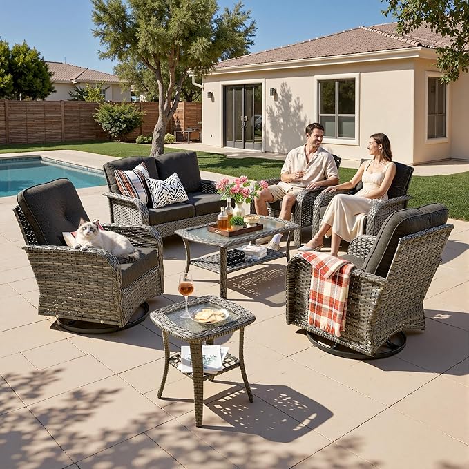 7-Piece Patio Furniture Set, Outdoor Wicker Furniture with Coffee Table, High Back Swivel Rocker Patio Chairs, Modern Rattan Outdoor Chairs Conversation Set for Porch, Balcony, Garden, Black