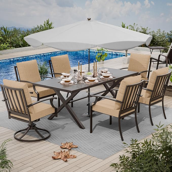 7 Piece Outdoor Dining Set for 6, Metal Patio Table and Chairs with Cushions, Patio Furniture Set with 2 Swivel Chairs, Rectangular Patio Dining Table with Umbrella Hole, Lawn Deck, Yard-Sand