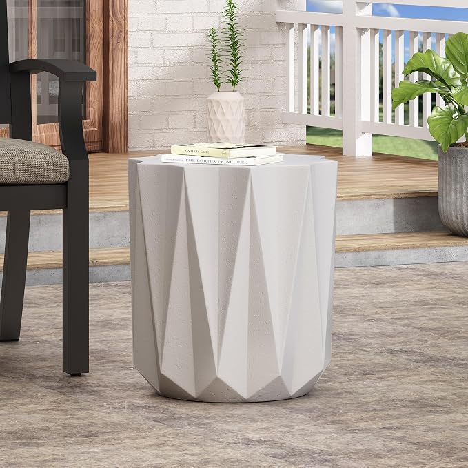 Merax Outdoor Lightweight Concrete Side Table 15" Dx18 H Aesthetic Geometric Design Accent Table Weather Resistant Patio End Table, No Assembly Required, Antique White
