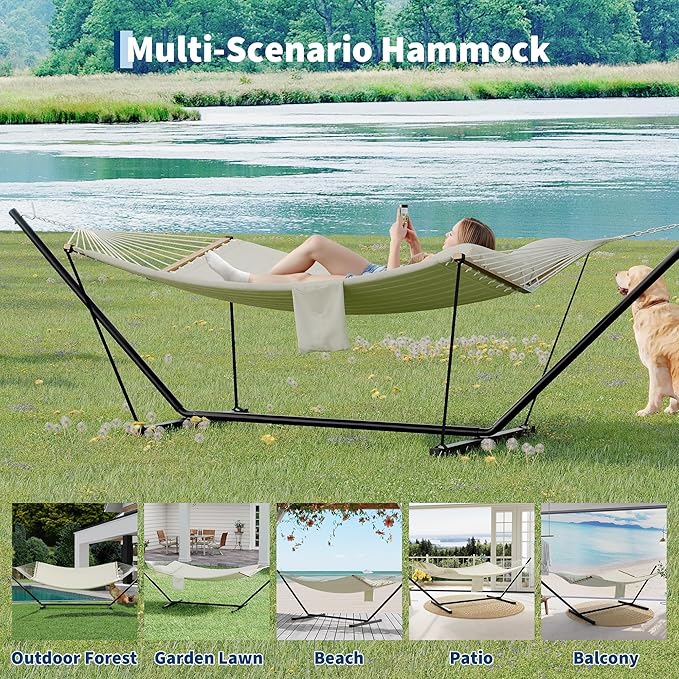 Double Hammocks with Stand for Outside, Heavy Duty Portable Outdoor Hammock with Carrying Bag & Soft Pillow & Paded, 450 LBS Weight Capacity, Perfect for Outdoor Indoor Patio Backyard Garden