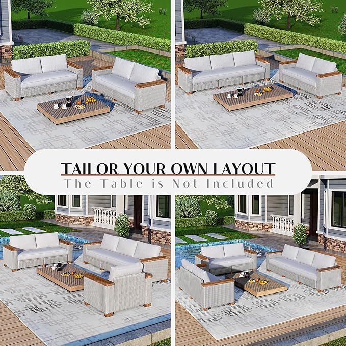 Patio Furniture Set, 6 Piece Wicker Patio Conversation Set with Wide Solid Wood Armrest, All Weather Outdoor Sectional Furniture with Wood Legs for Backyards, Porch, Poolside, Garden, Balcony