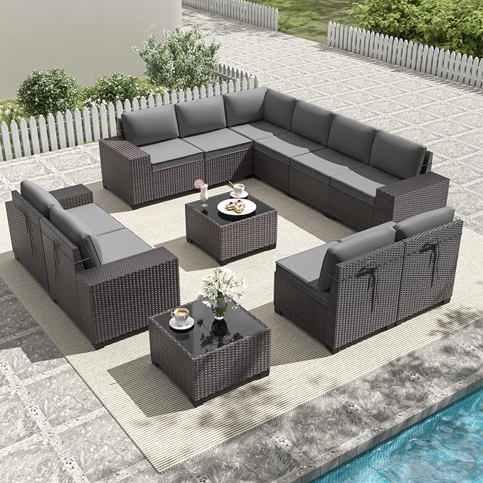 Gotland 12 Pieces Patio Furniture Set, Wicker Outdoor Sectional with Wide Armrests 29.5'' High Backrest 4'' Thick Waterproof Cushions, Oversized Patio Furniture for Deck Garden Gray