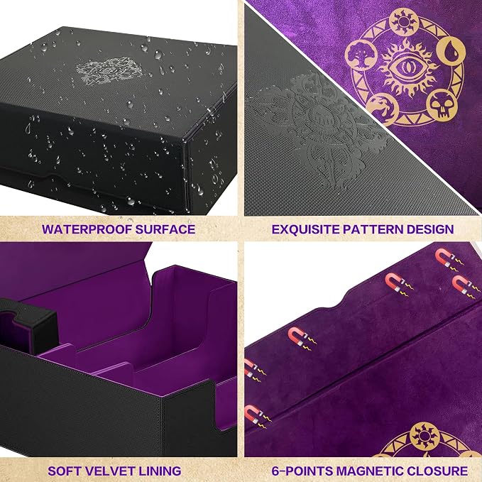 PROMAXIBINDER Trading Card Storage Box for MTG/TCG/YuGiOh, Commander Deck Case Fits 2000+ Cards, 10 Dividers, Dice Set, 3 Foam Stoppers, PU Leather, Magnetic Closure, Magic, Sports Cards (Purple)