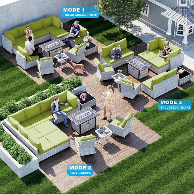 13-Piece Patio Furniture Set, Outdoor Patio Furniture with Swivel Chairs Set, Ottomans, 55,000 BTU Fire Pit Table, Modular Patio Sofa, Dual-Strand Rattan, Rust-Resistant Frame, Grass Green