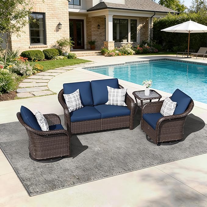 4 PCS Outdoor Conversation Set | 55" Couch, 2 Swivel Chairs, 1 Side Table, Patio Wicker Conversation Furniture with Removable Cushions for Bistro, Deck, Sunroom(Navy Blue)