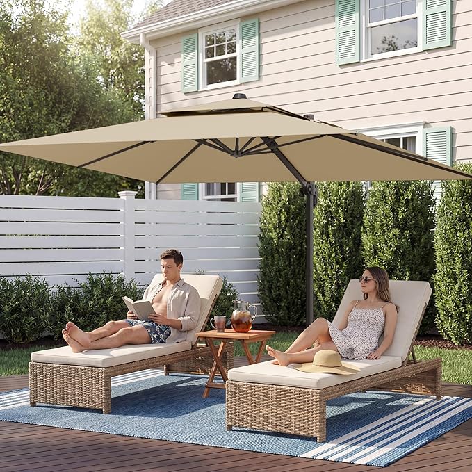9x12 FT Patio Umbrella, Large Cantilever Rectangular Double Top Heavy Duty Offset Umbrellas with 360° Rotation, Outdoor shade for Garden Deck Pool, Beige