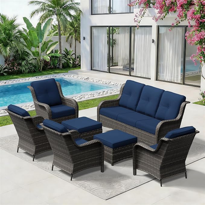 7 Piece Outdoor Wicker Patio Furniture Set, Patio Chairs Set with Thickened Olefin Cushions, High Back and Deep Seating, Hand-Woven PE Rattan, Ottoman for Porch, Deck
