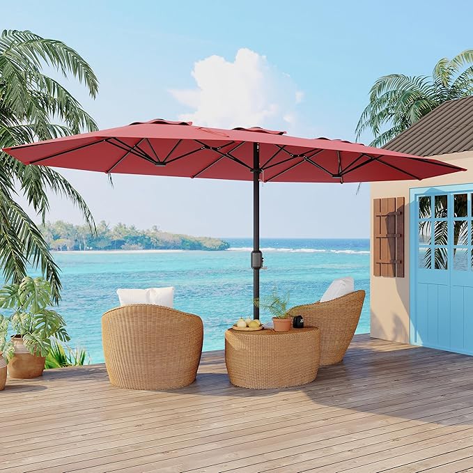 Double-Side Rectangular Pool Umbrella, 15ft Large Patio Umbrella with Base Included, Outdoor Market Umbrellas for Poolside Lawn Backyard