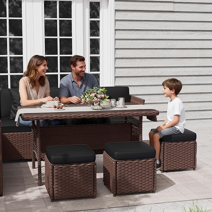 KIGOTY 7 Piece Patio Furniture Set, Outdoor PE Wicker Rattan Outdoor Dining Set, Patio Table and Chairs Set, Patio Conversation Sofa Set with Dining Table and Ottoman(Brown-Black)