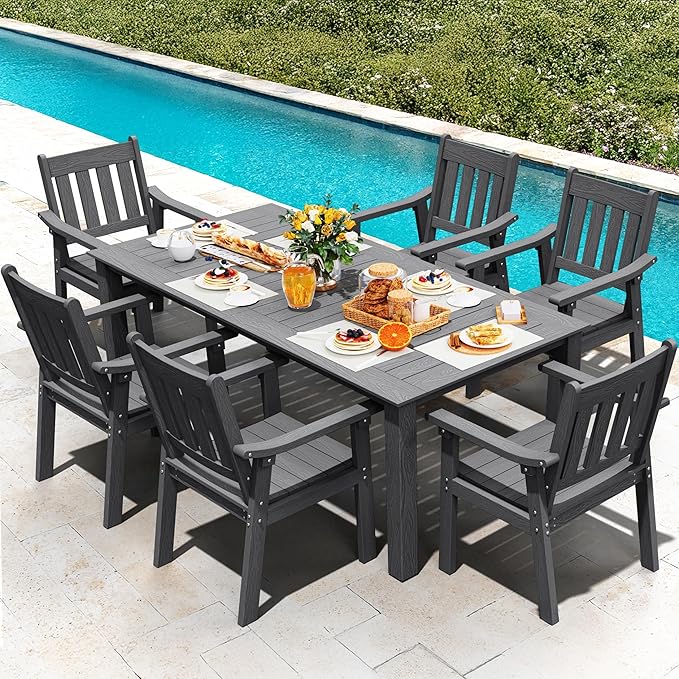 YEFU Outdoor Dining Table for 6: All Weather Rectangular Patio Table with Umbrella Hole and Aluminum Frame - Outdoor Furniture for Outside Backyard/Garden/Pool/Porch/Deck, 300lbs Capacity, Grey