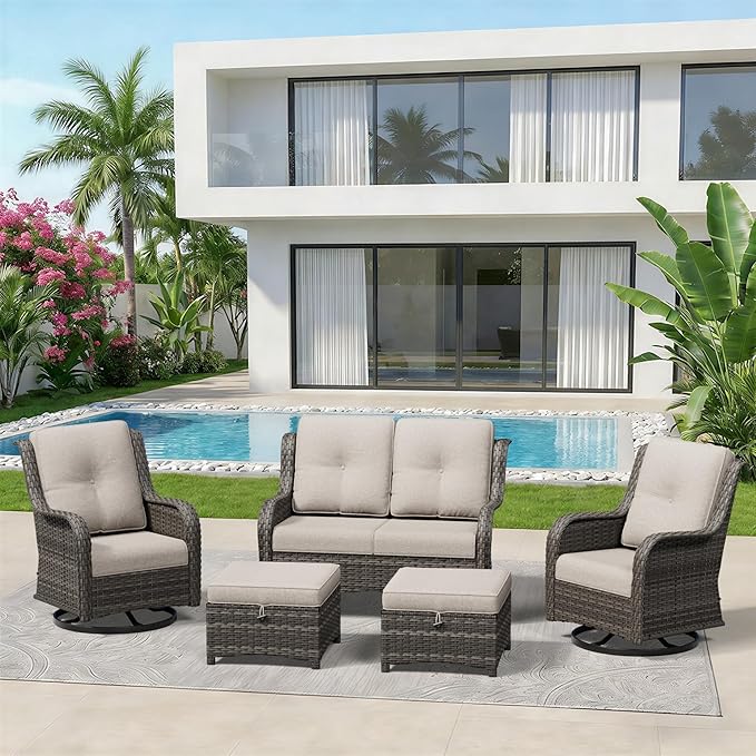 5 Piece Outdoor Wicker Patio Furniture Set, Outdoor Swivel Rocker Patio Chairs Set with Thickened Olefin Cushions, High Back and Deep Seating, Hand-Woven PE Rattan for Porch, Deck