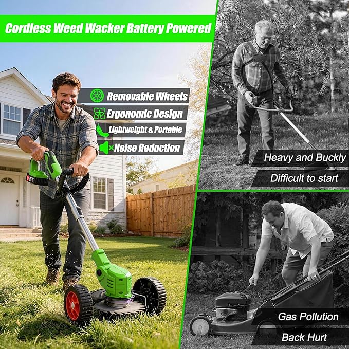 Cordless Weed Wacker Electric Eater 21V Battery Powered String Trimmers 3-in-1 Grass Trimmer/Lawn Edger/Brush Cutter Lightweight Portable Garden Tool with 4 Types Blades & Wheels for Garden Yard