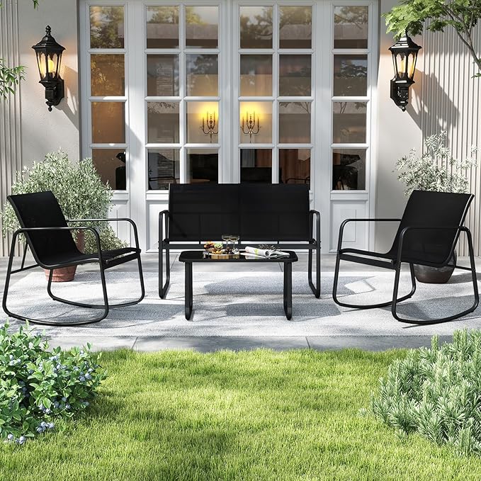 Tangkula 8 Piece Patio Furniture Set, Outdoor Rocking Bistro Set with 4 Rocking Chairs, 2 Loveseats & 2 Tempered Glass Coffee Tables, Porch Rocker Chair Conversation Set for Balcony Poolside Garden
