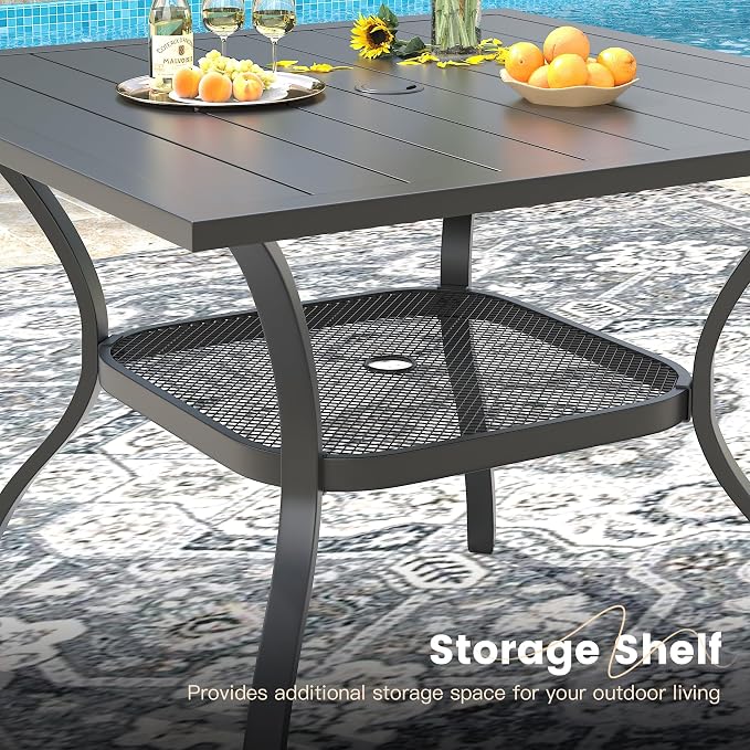 VICLLAX Outdoor Patio Dining Table for 4, Square Metal Table with Umbrella Hole and Storage Shelf for Garden, Lawn, Balcony, Deck, Black