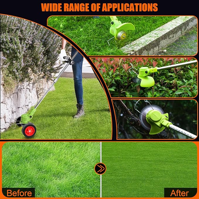 Cordless Weed Wacker 21V Electric Weed Cordless Eater 3-in-1 Grass Trimmer/Brush Cutter/Edger with 2pcs Batteries&Wheels&3Types Blades Lightweight Low Noise Weed Trimmer for Lawn, Garden & Yard