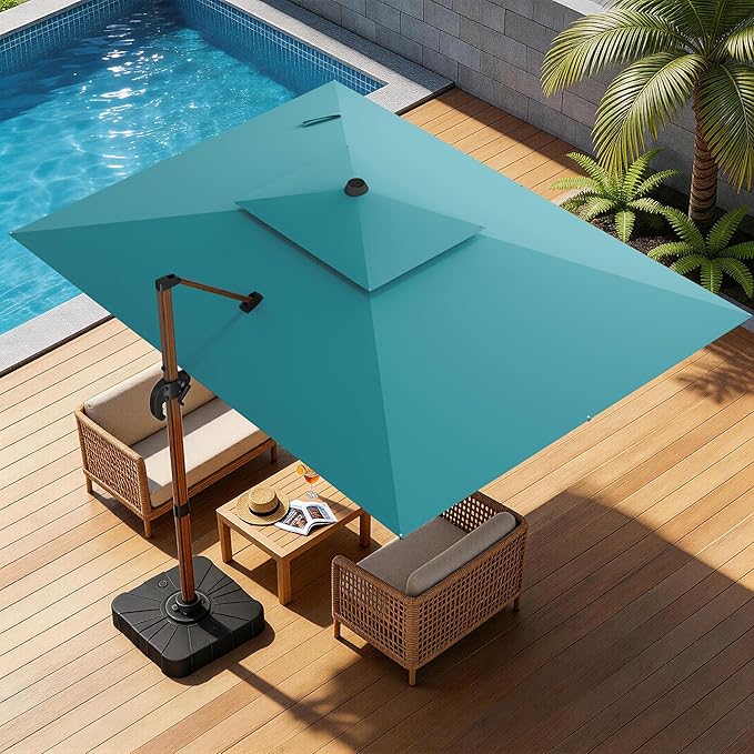 10x13FT Cantilever Outdoor Patio Umbrellas, Double Top Wood Pattern Rectangle Umbrella, Heavy Duty 360°Rotation Offset Umbrella for Garden Deck Pool Patio, Turquoise