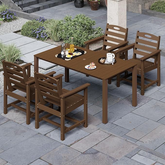 Domi HDPE Outdoor Dining Set, All-Weather 5 Piece Outdoor Dining Table Set with 2" Umbrella Hole, Outdoor Patio Dining Set for Garden, Poolside, Backyard, Deck, Brown