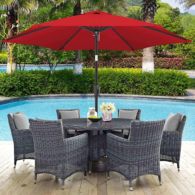 10FT Patio Umbrella Outdoor - Table Umbrella with 6 Sturdy Ribs, Market Umbrella with Push Button Tilt, UV Protection for Pool, Porch, Garden, Deck, Backyard (Red)