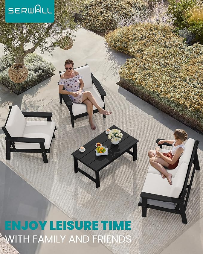 SERWALL HDPE Patio Furniture Set with 15FT Double Side Patio Umbrella, All Weather Wood-Like Outdoor Sofa Sectional Couch, Black Patio Furniture with Khaki Cushions