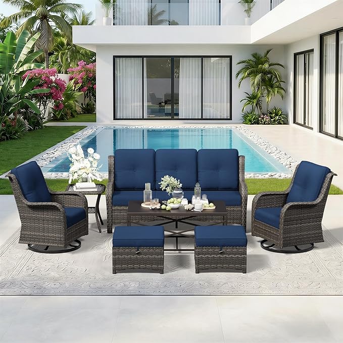 7 Piece Outdoor Wicker Patio Furniture Set, Outdoor Swivel Rocker Patio Chairs Set with Thickened Olefin Cushions, High Back and Deep Seating, Hand-Woven PE Rattan for Porch, Deck