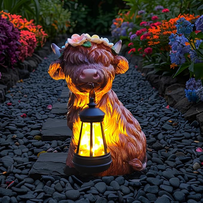Garden Highland Cow Statue Solar Outdoor Decor with Flower Decoration,Funny Triple Highland Cow Decor Birthday Gifts for Women Mom,Highland Cows Figurine for Yard Garden Patio Lawn Ornaments