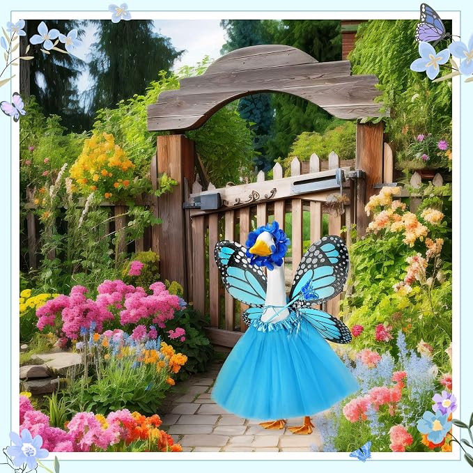 5pcs Butterfly Porch Goose Outfit Costume Tutu Skirt Butterfly Wing Wand Flower Crown for 17‘' 23‘' Cement Goose