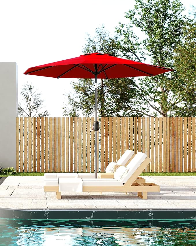 GarveeLife 9 ft Patio Umbrella, Outdoor Table Market Umbrella with Push Button Tilt and Crank, 8 Sturdy Ribs UV Protection Waterproof for Garden, Deck, Backyard, Pool (Red)