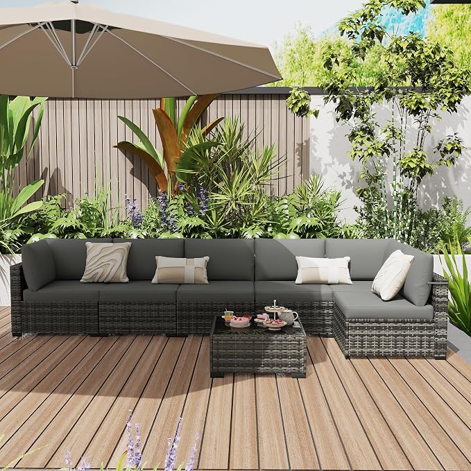 KIGOTY Patio Furniture Set,7 Pieces Modular Outdoor Sectional Sofa, PE Rattan Patio Conversation Set, All Weather Wicker Patio Furniture with Cushions and Coffee Table(Light Grey/Light Grey)