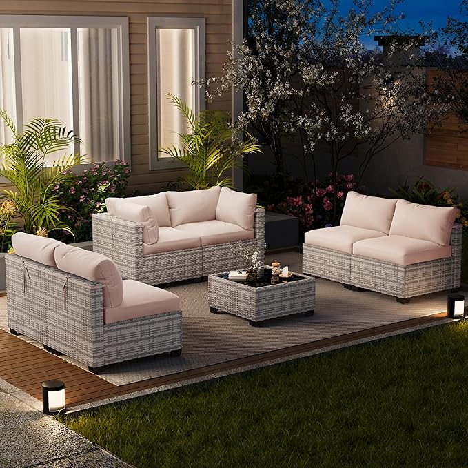 7 Piece Outdoor Patio Furniture Set, Rattan Chairs Glass Table Wicker Conversation Seating Sectional Sofa with Cushions (Grey White-Beige, 7Pcs-Straight Back)