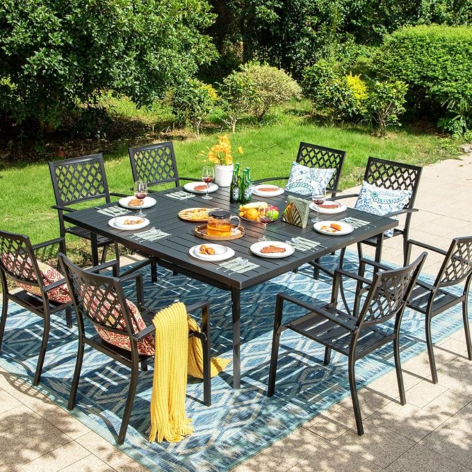 PHI VILLA 9 Pcs Outdoor Dining Set for 8,57.5" Steel Table, Black | Metal Table &Stackable Wrought Iron Chairs, All Weather Large Furniture Set for Patio, Deck, Backyard, Porch - Black