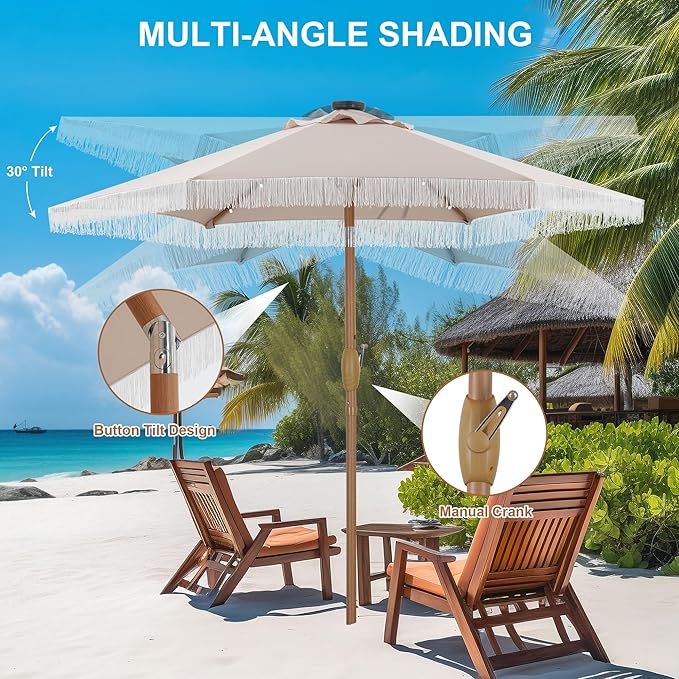 GDY 7.5 ft Fringe Patio Umbrella with 18 LED Solar Lights ,Stylish Fringe Decor for Graden, Pool, Beach, Deck, Khaki