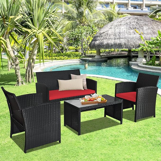 DORTALA 4 Pieces Patio Wicker Conversation Furniture Set, Outdoor Rattan Sofas with Bistro Sets with Coffee Table for Courtyard Balcony Wicker Chairs with Soft Cushion and Table, Red
