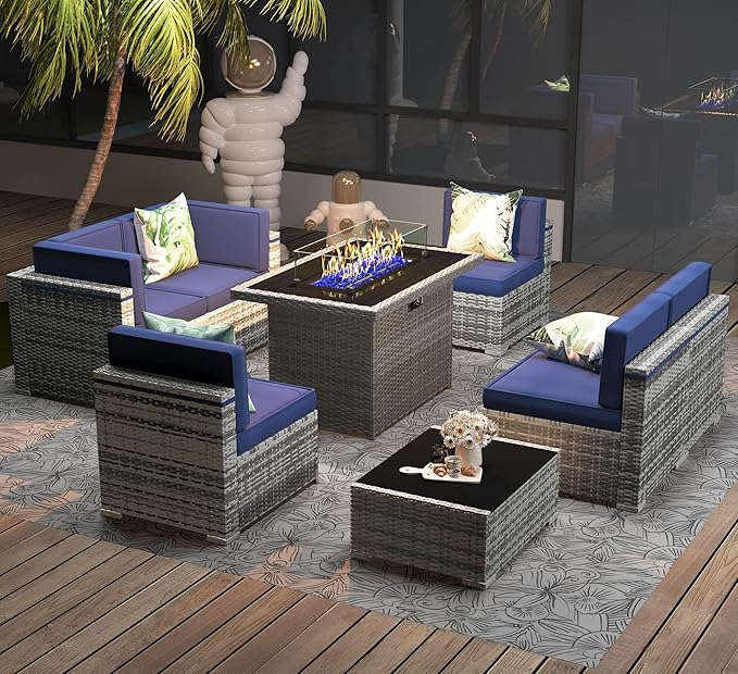 8 Pieces Patio Furniture Set with 44" Propane Gas Fire Pit Table, Outdoor Sectional Wicker Conversation Sofa Sets with Coffee Table