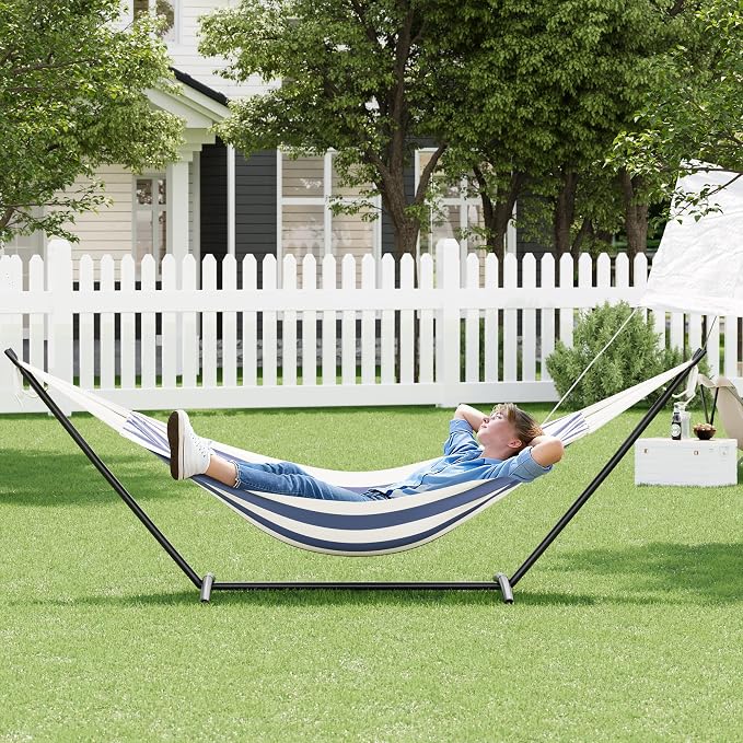 Double Cotton Hammock with Heavy Duty Steel Stand – 450 Lbs Capacity Brazilian Style Portable Hammock with Carry Bag for Backyard, Garden & Camping