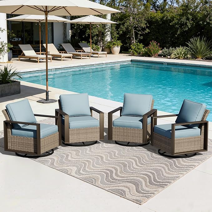 Joyside Outdoor Patio Swivel Rocker Chairs Set, 4 Pieces Wicker Rattan Chairs with Metal Wide Armrest, Thick Cushions and Deep Seating for Garden, Backyard, Porch, Deck
